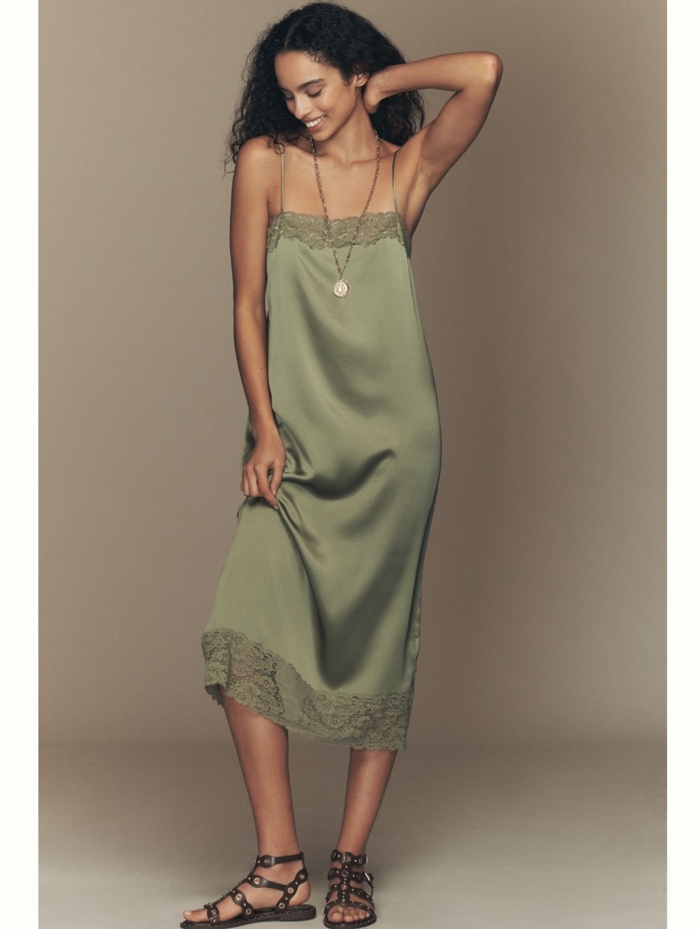 Reformation Olive Green Satin Slip Midi Dress with Lace Trim